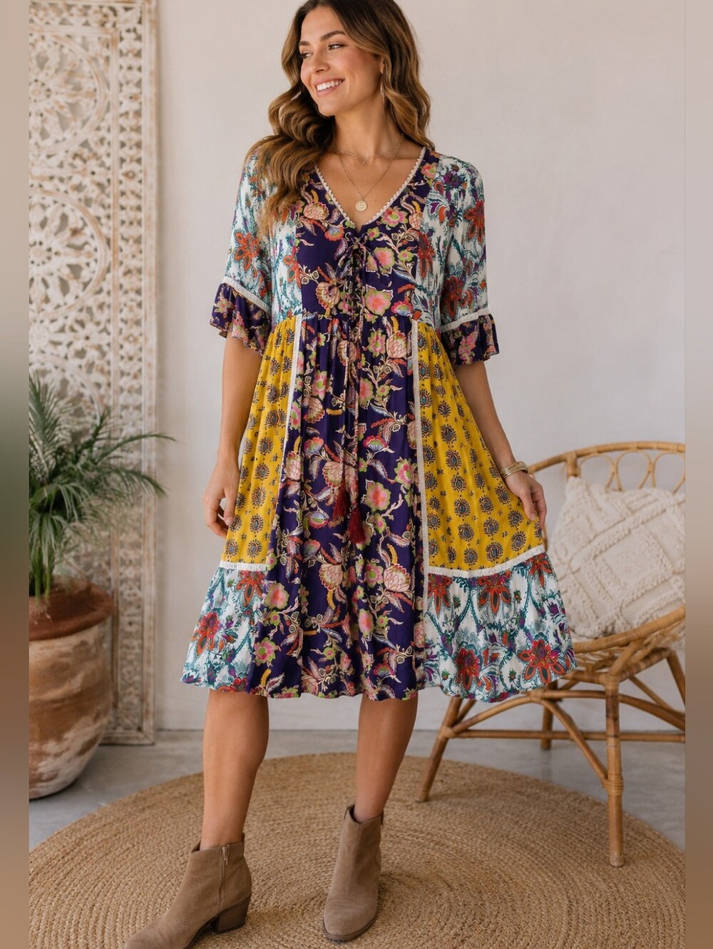 Anthropologie Lilka Patchwork Boho Peasant Dress Tassel Tie M